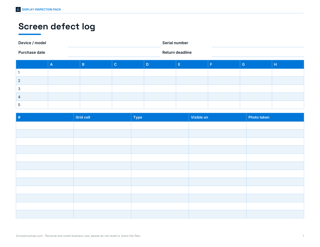 Preview of the first page of Defect log with grid (PDF)